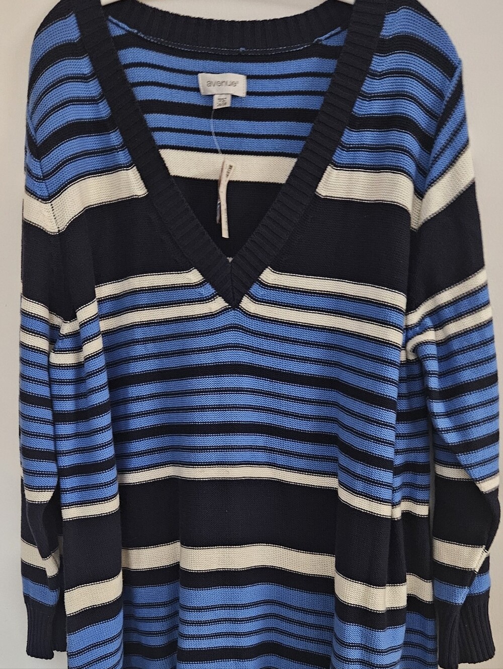 Avenue Blue Navy and White Striped V-Neck Sweater
